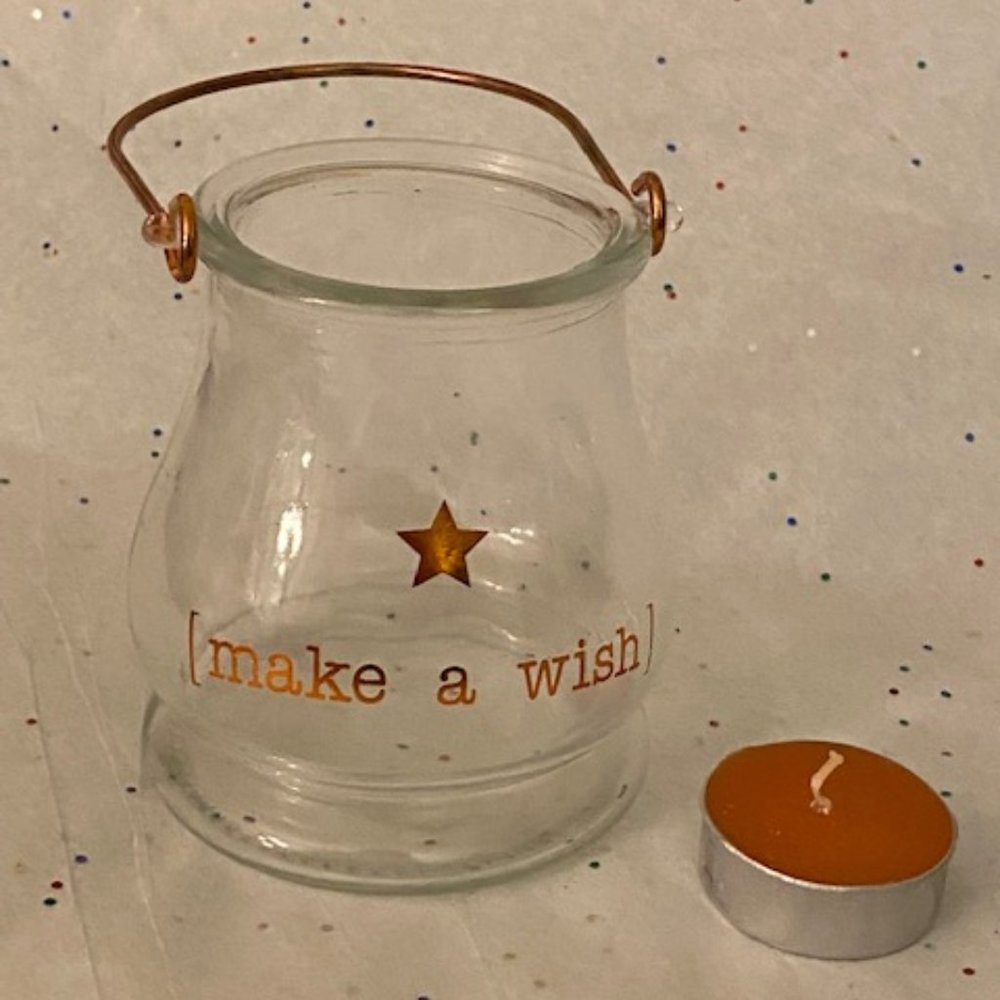 MAKE A WISH Hanging Glass Jar Candle Holder Money/Stash/Gift w/FREE Tealight